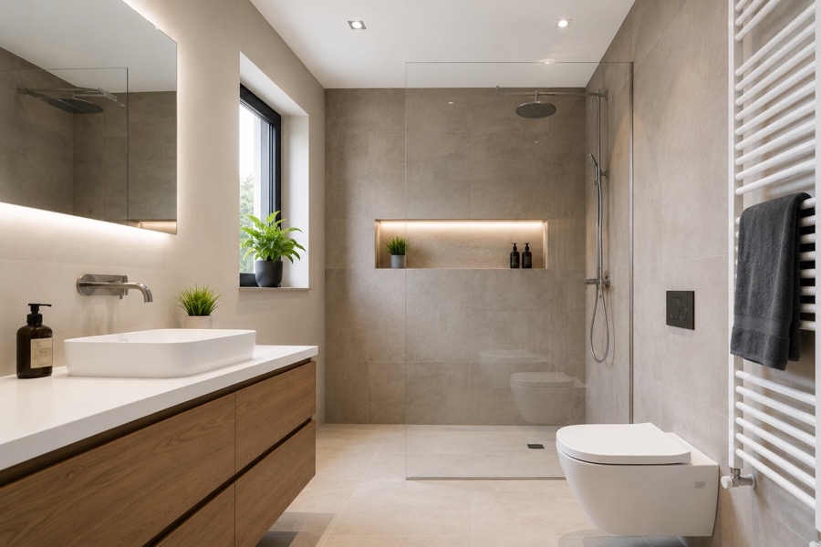 Modernes Badezimmer mit Waschtisch und bodengleicher Dusche