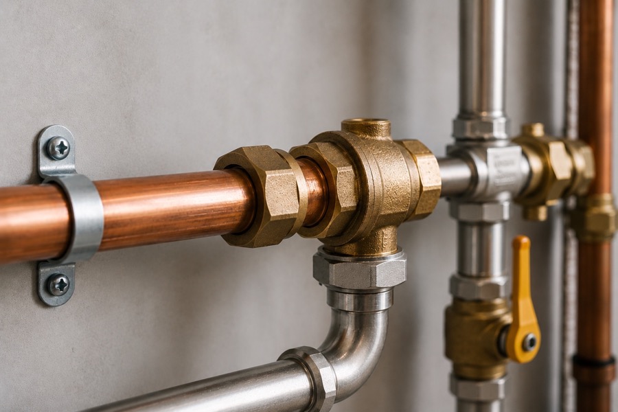 Anlagenmechaniker bei Arbeiten an einer modernen Heizungs- und Wasserinstallation